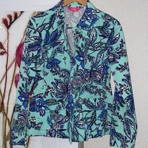 NEW Pappagallo Aqua Blue Floral Snap Down Jacket Nautical Resortwear Vacation